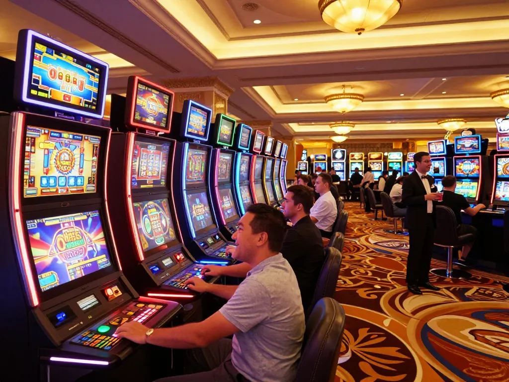 The O8 casino ambiance showcases players engaging with colorful slot machines, highlighting the excitement of gaming.