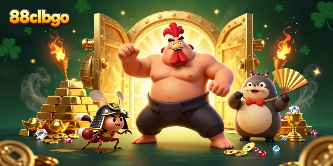 Experience the excitement of 88clbgo with a dynamic 3D casino illustration featuring a sumo wrestler and more.