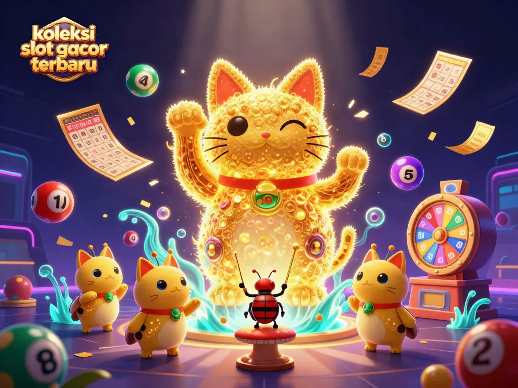 Koleksi slot gacor terbaru menunjukkan karakter kucing keberuntungan dari kunang-kunang emas dalam ilustrasi yang penuh warna dan detail.