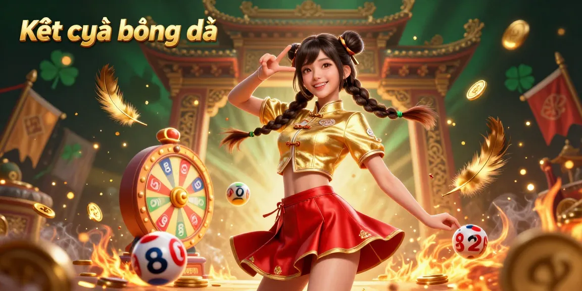 Experience Kết quả bóng đá with vibrant energy, showcasing a fun Asian character amid lottery elements and festive confetti.
