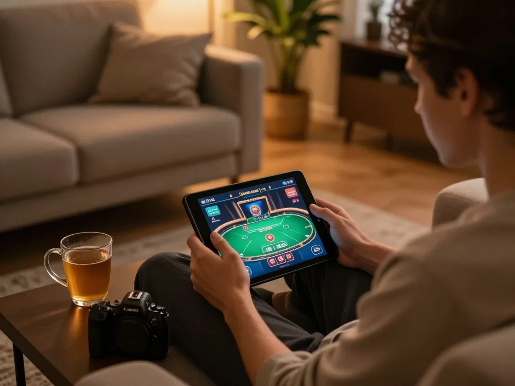 Player engaging with sunwin online casino on tablet, enjoying a cozy home environment.