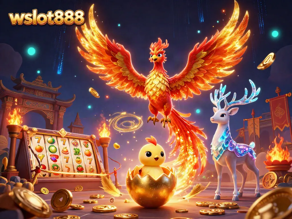 Wslot888 memberikan peluang jackpot dengan simbol slot berkilau dan phoenix berapi-api