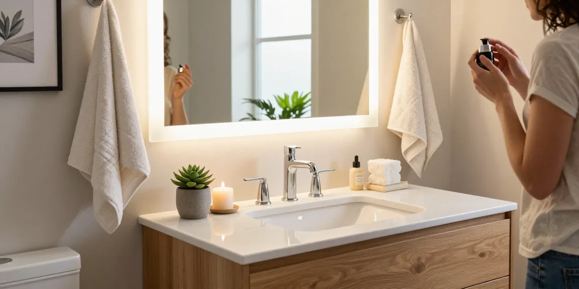 Modern bathroom vanity with elegant decor and natural lighting, enhancing a stylish self-care space