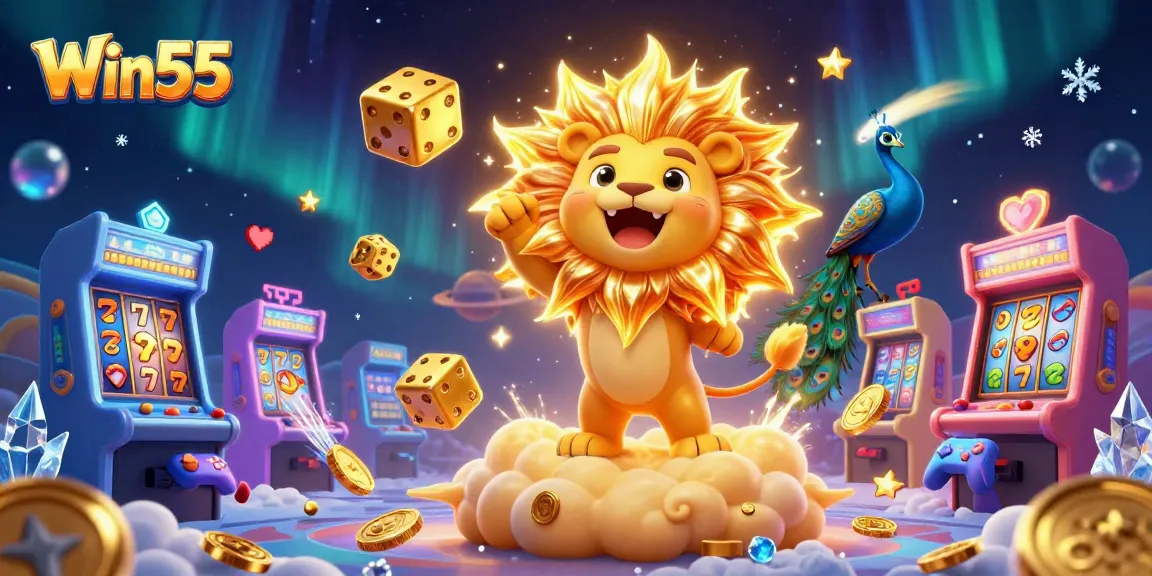 Win55 offers vibrant slot reels with a roaring sun lion on dynamic golden clouds creating excitement.