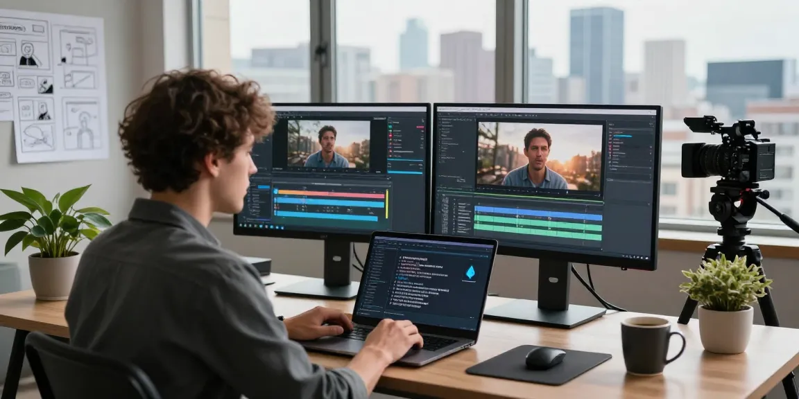 Video prompt AI workspace with a professional analyzing footage and generating text prompts for video creation.