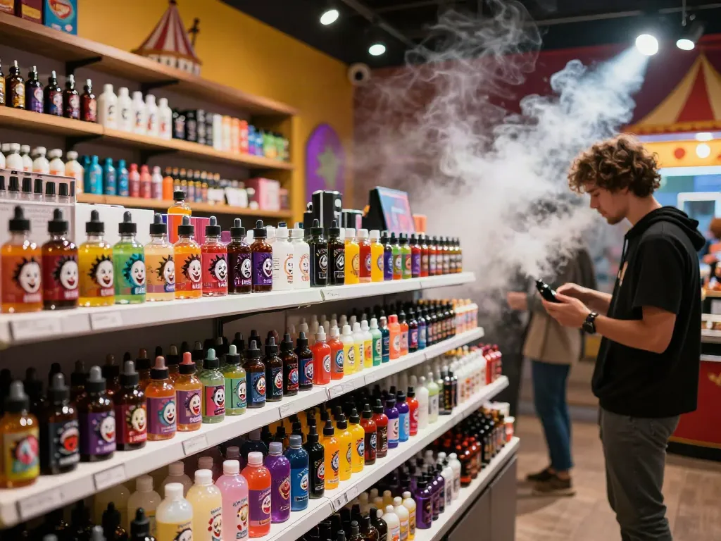 Exploring clown e liquid flavors in a vibrant vape shop atmosphere.
