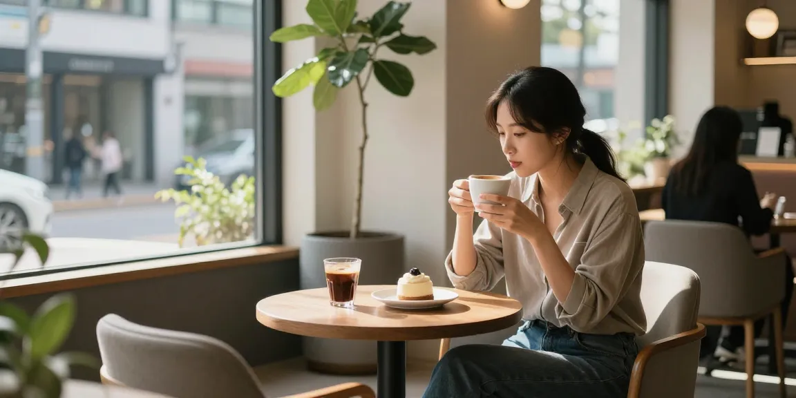강남쩜오 멀리건에서 편안한 분위기의 카페에서 커피와 디저트를 즐기는 모습