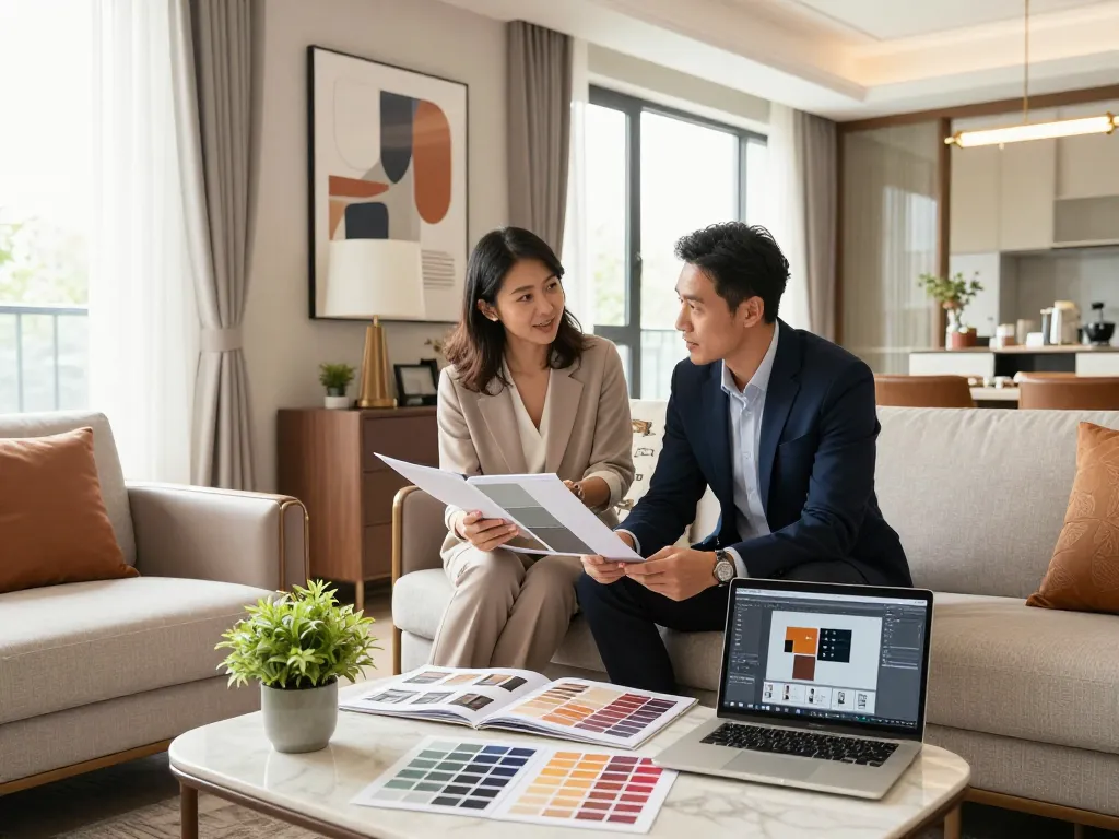 บริษัทออกแบบ interior design consultation in a modern living room with a designer and client discussing materials and decor elements.