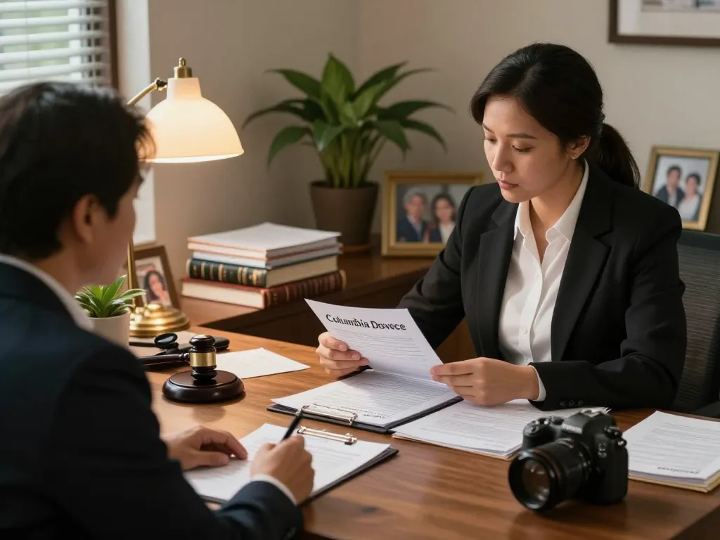 Columbia divorce lawyer assisting a client in a welcoming office setting, exemplifying legal expertise.