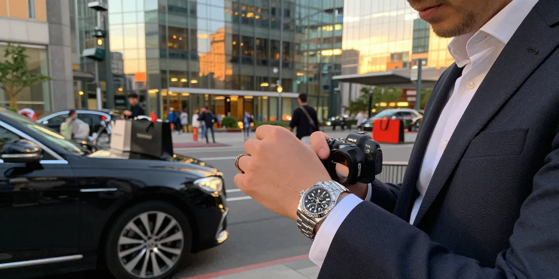 Person showcasing rolex super clone watches against a vibrant urban sunset, highlighting luxury and style.