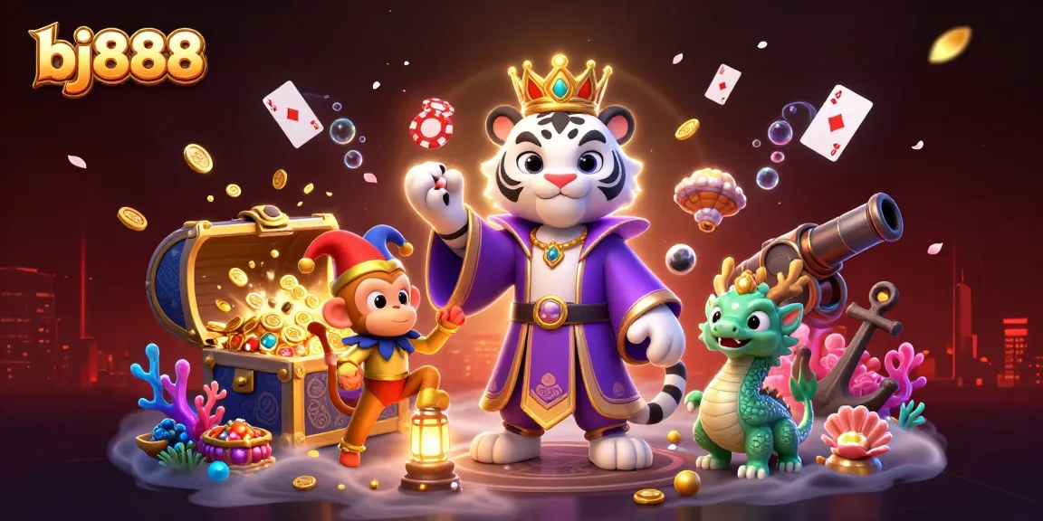 Engage with bj888's captivating 3D scene featuring vibrant characters and casino elements.