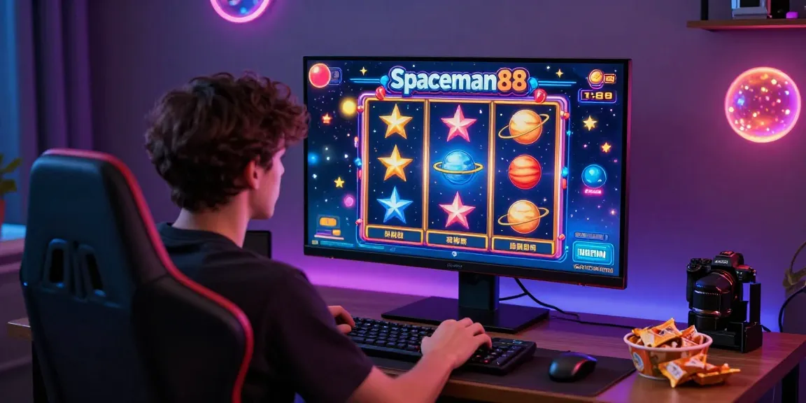 Player enjoying the Spaceman88 slot game amidst an engaging digital environment, showcasing excitement in online gambling.