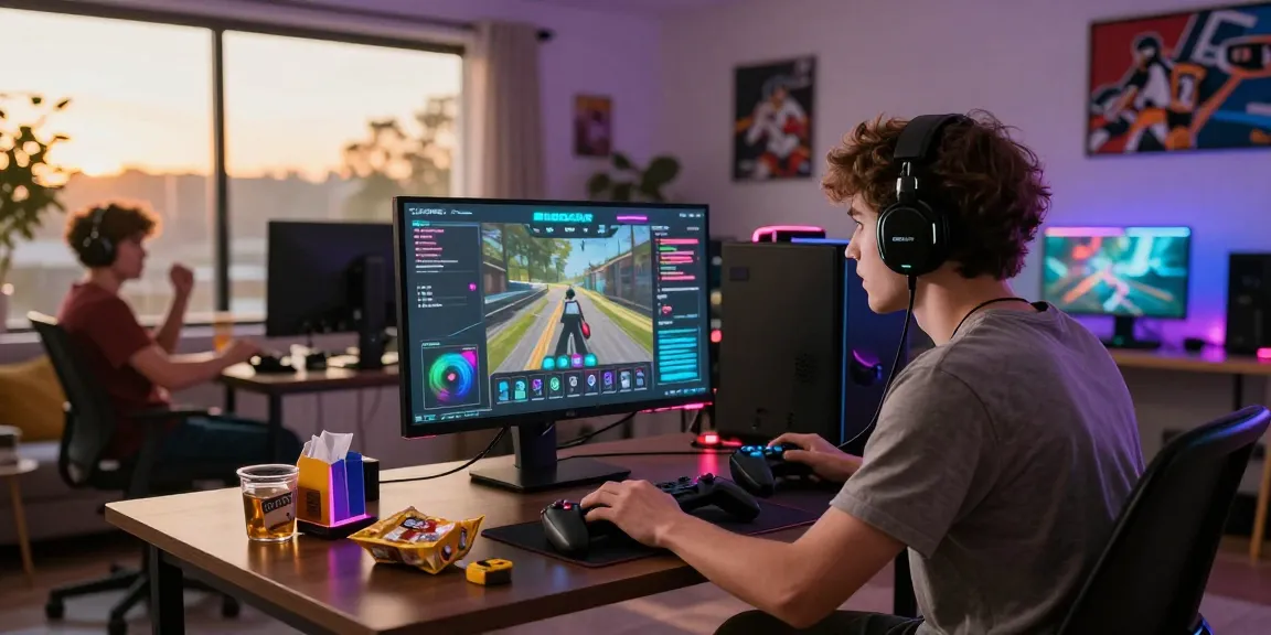 Engaged gamer using indocair platform in a vibrant home setup.