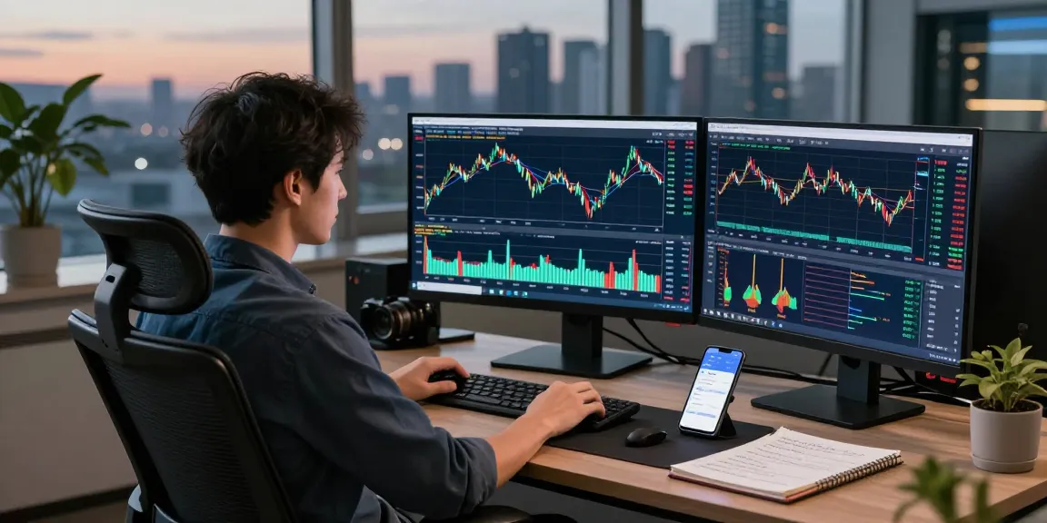 Trader analyzing MetaTrader 5 platform with multiple screens displaying market data and charts in a modern office.