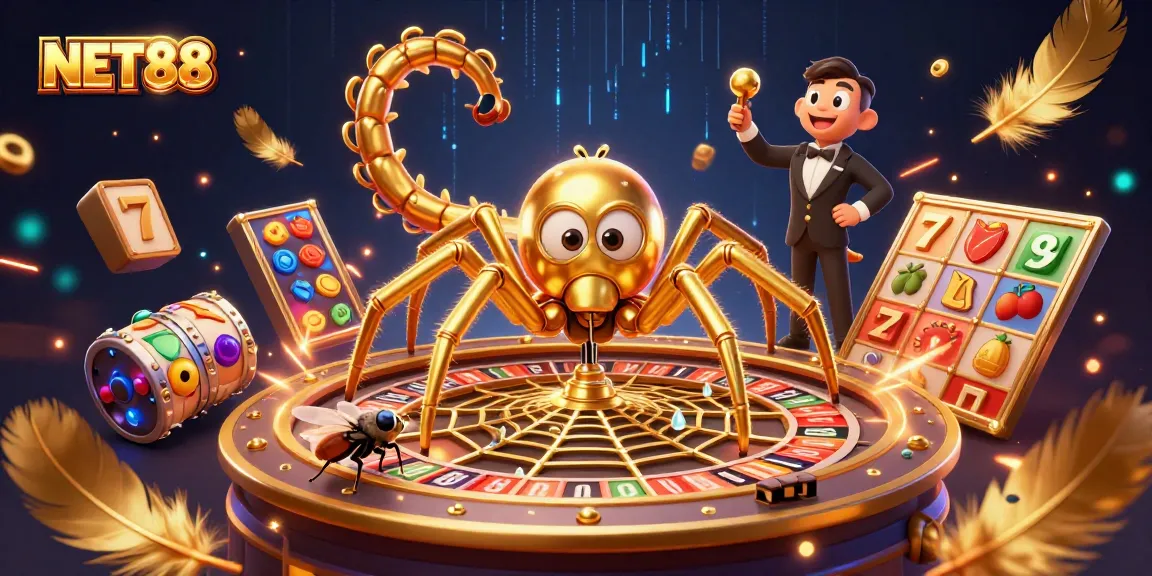 Spinning the NET88 roulette wheel, a golden spider, and centipede croupier create an electrifying casino scene.