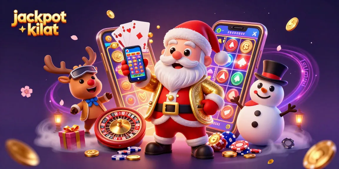 Explore jackpot kilat with Santa and friends in a vibrant casino scene filled with games and excitement.