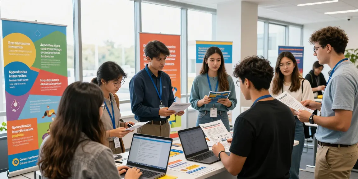 Students exploring school leaver jobs opportunities at a vibrant career fair.