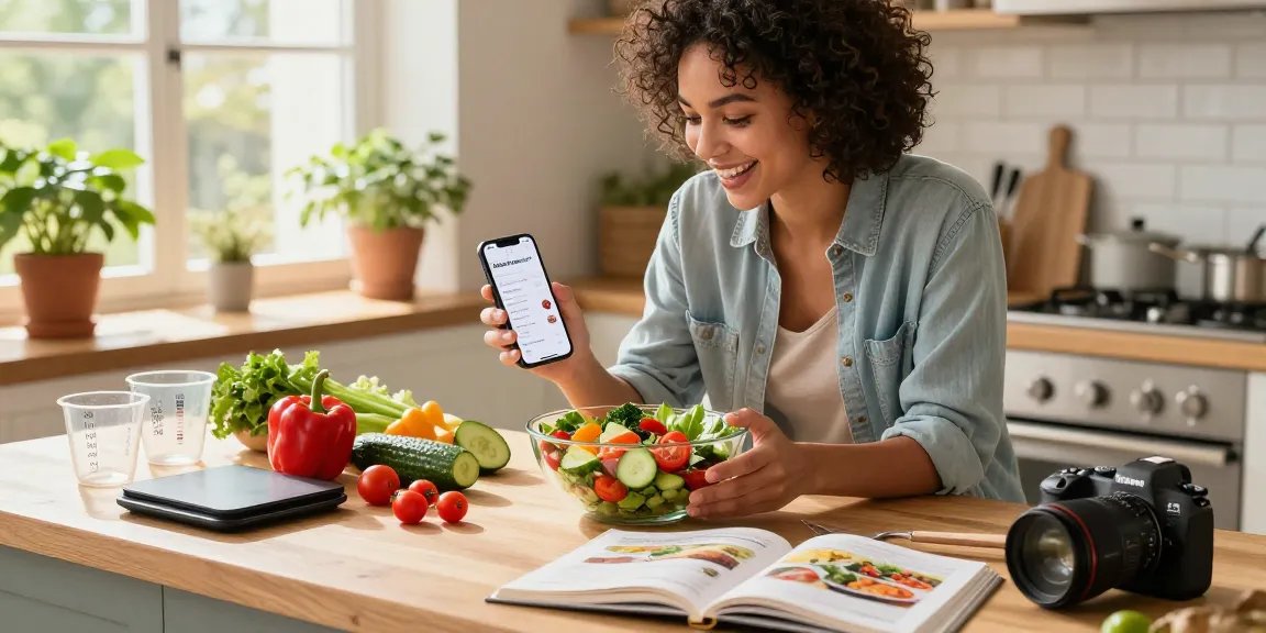 Enthusiastic cook using the best food tracker app while preparing a fresh, colorful salad in a bright kitchen.