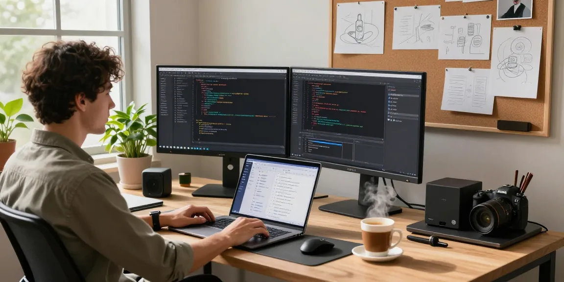 Innovative software developer workspace featuring advanced 截图工具 and tech accessories.