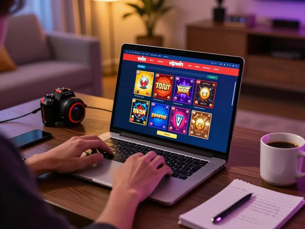 Play at vipwin using a laptop, showcasing an engaging online casino experience