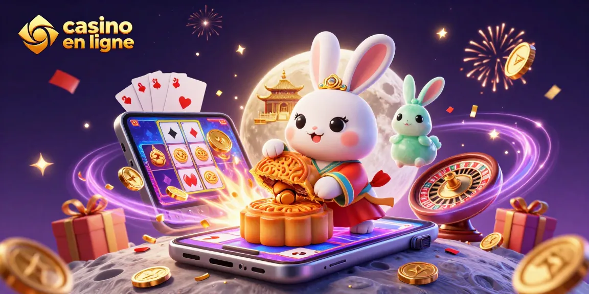 Jouer au casino en ligne avec un lapin de lune chinois et des jetons de poker en arrière-plan.