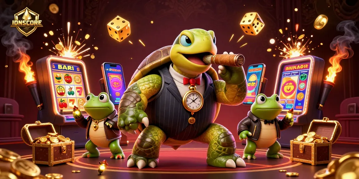 Experience the thrill of gaming with IDNSCORE featuring a snapping turtle and bullfrog characters in an engaging casino scene.