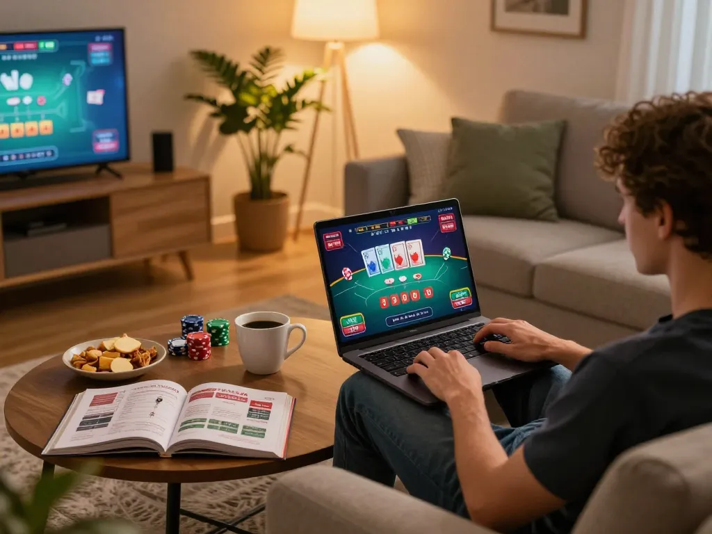 Player engaging in an online blackjack session with 88clb, showcasing cards and game interface in a cozy home setting.