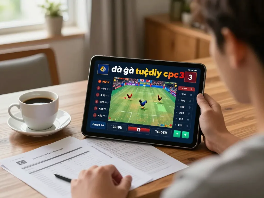 Engaging in đá gà trực tiếp cpc3 on a tablet, highlighting live betting while enjoying a cozy home setup.