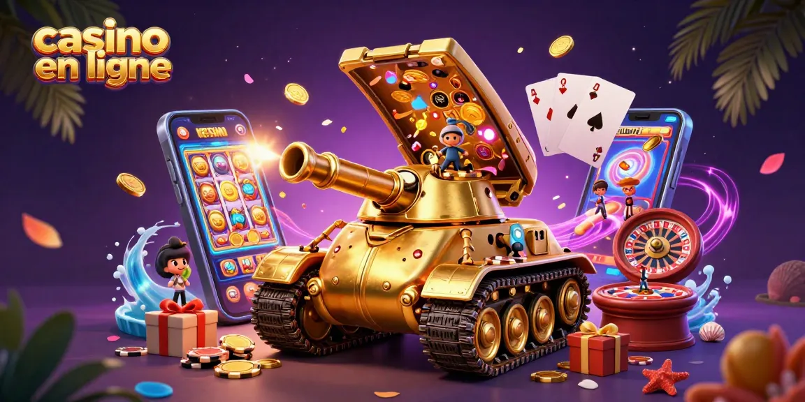 Jouer au casino en ligne avec un tank en or révélant un mini casino rempli d'animations et de jeux.