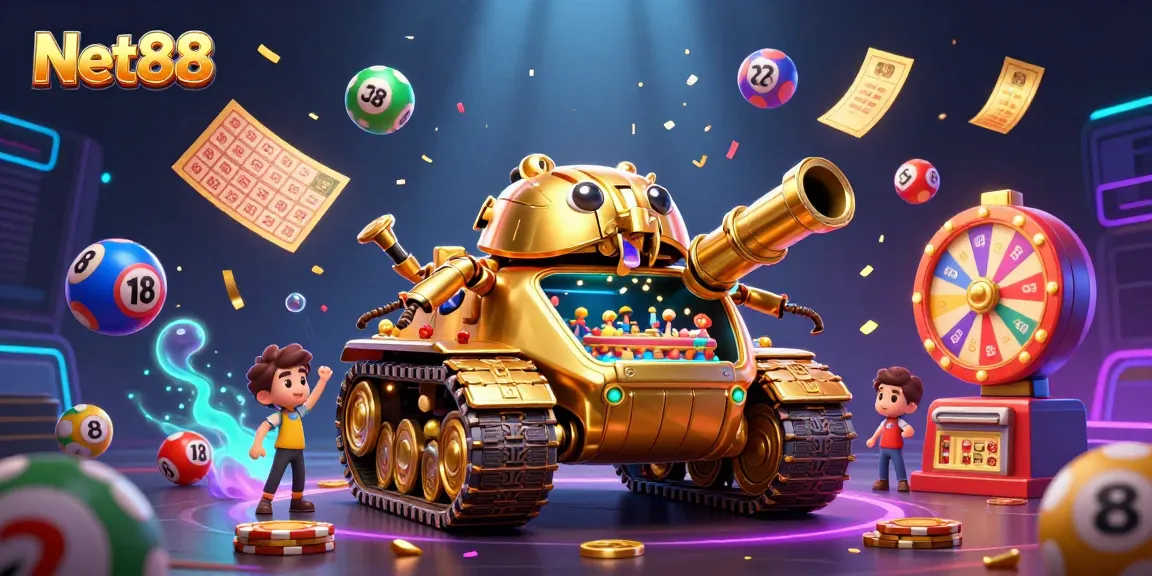 Win big and celebrate with Net88 in a vibrant 3D casino scene filled with excitement.