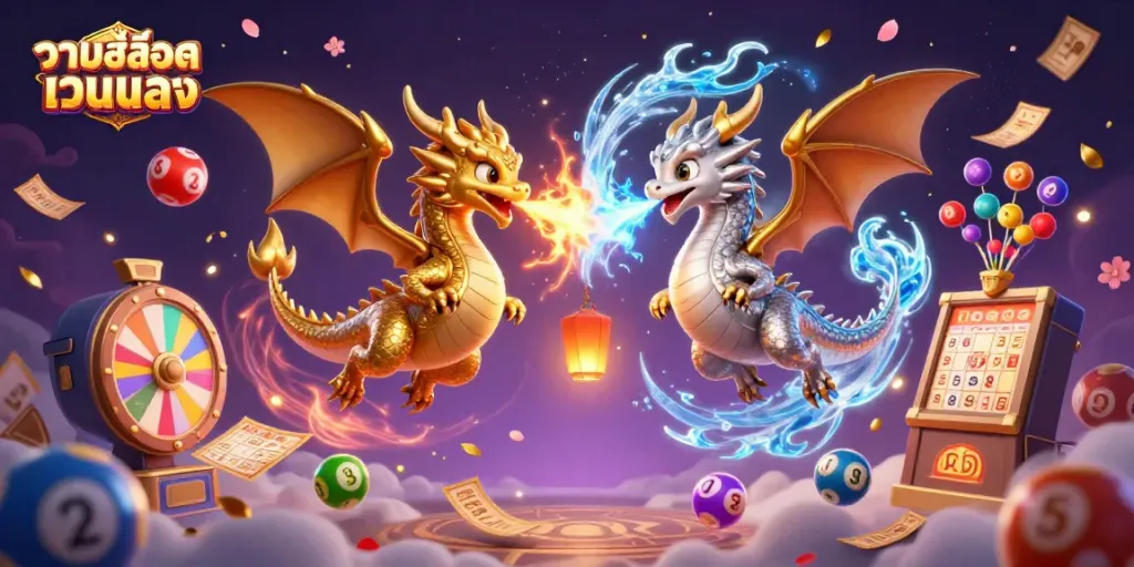 Experience thrilling fun with รวมสล็อตเว็บตรง in an exquisite 3D scene featuring gold and silver dragons amidst lottery elements.