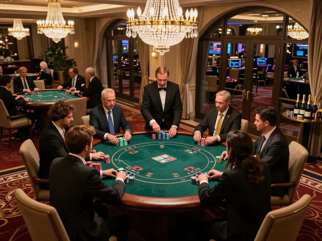 Pajaktoto players engaged in a high-stakes poker game in a luxurious casino VIP room.