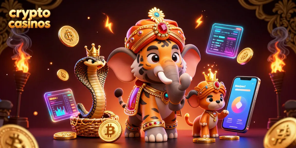 Jouez aux crypto casinos avec des personnages colorés comme le tigre maharaja en éléphant, entourés de pièces Bitcoin.