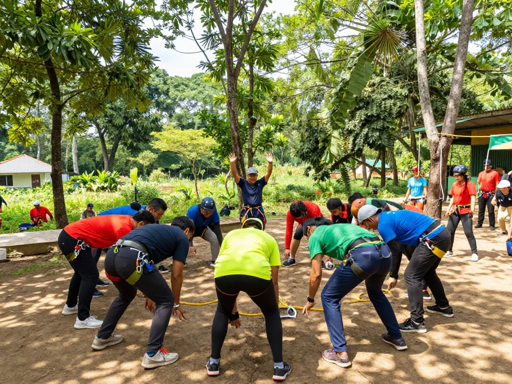 Team bonding during an outbound jogja adventure with diverse participants engaged in a trust fall exercise amidst nature.