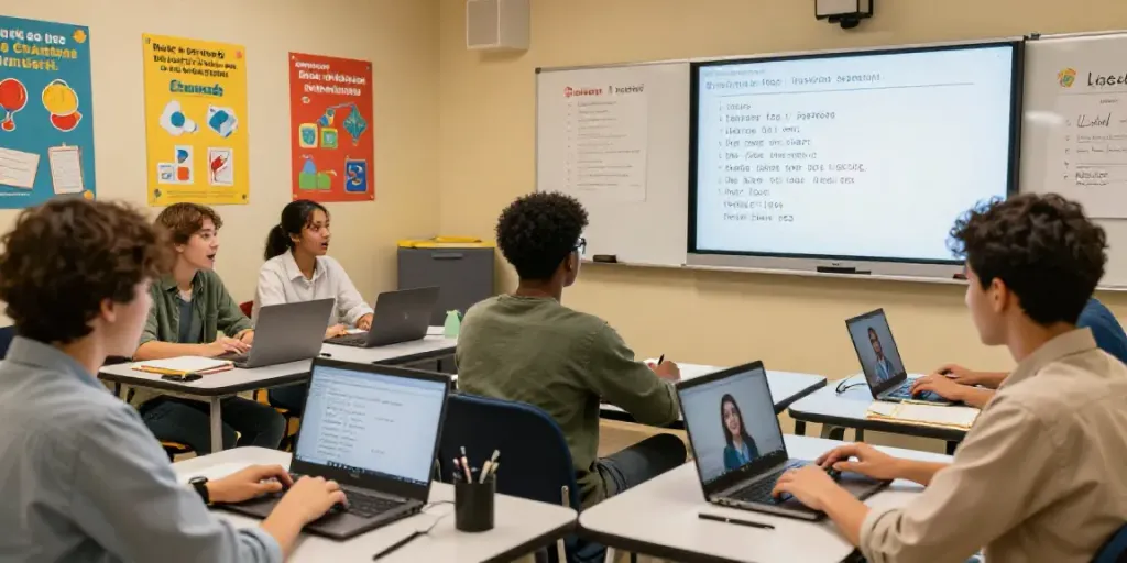 Students engaged in an online English lesson, embodying the concept of Situs toto through interactive learning.