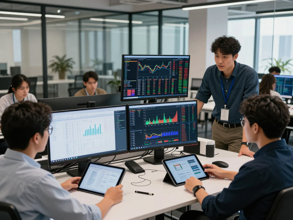 开发者在现代金融科技办公室展示印股WebSocket推送接口的实时数据分析，与团队协作的氛围。