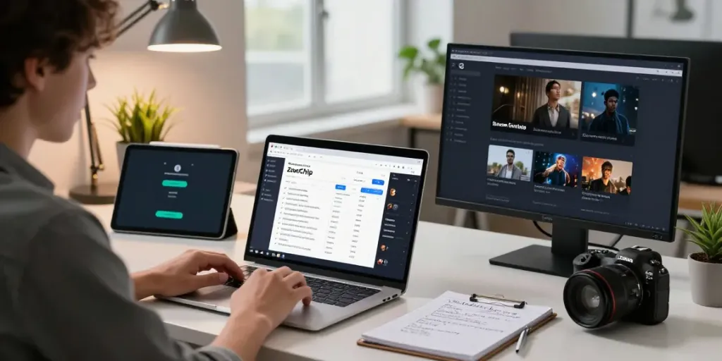 ZoeChip streaming setup featuring a laptop with interface details and a user engaged in movie analysis.