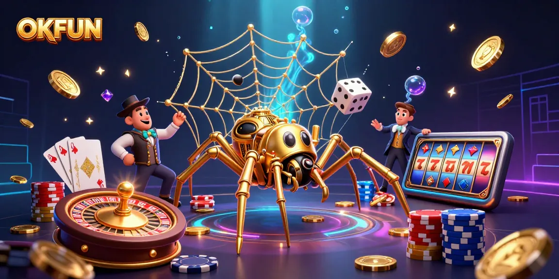 Catch the excitement at OKFUN, where golden coins cascade and dice roll in an immersive casino scene.