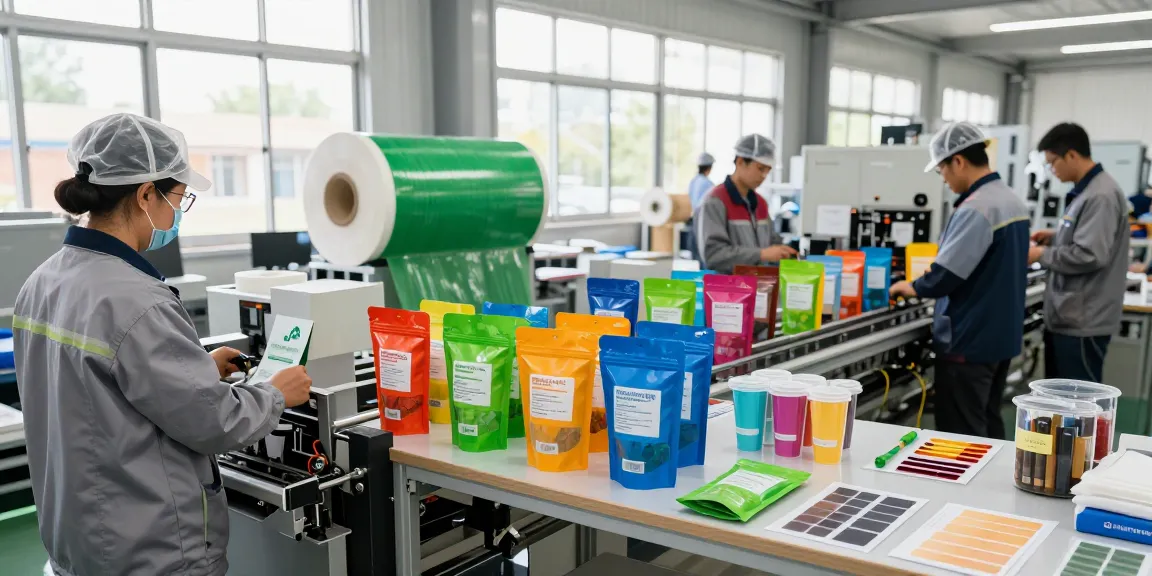 Recyclable stand up pouches being produced at a modern packaging facility with vibrant materials and skilled workers.