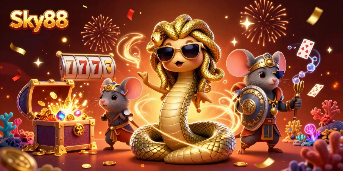 Engage with Sky88's vibrant casino scene featuring Medusa and a warrior mouse amidst thrilling slot elements.