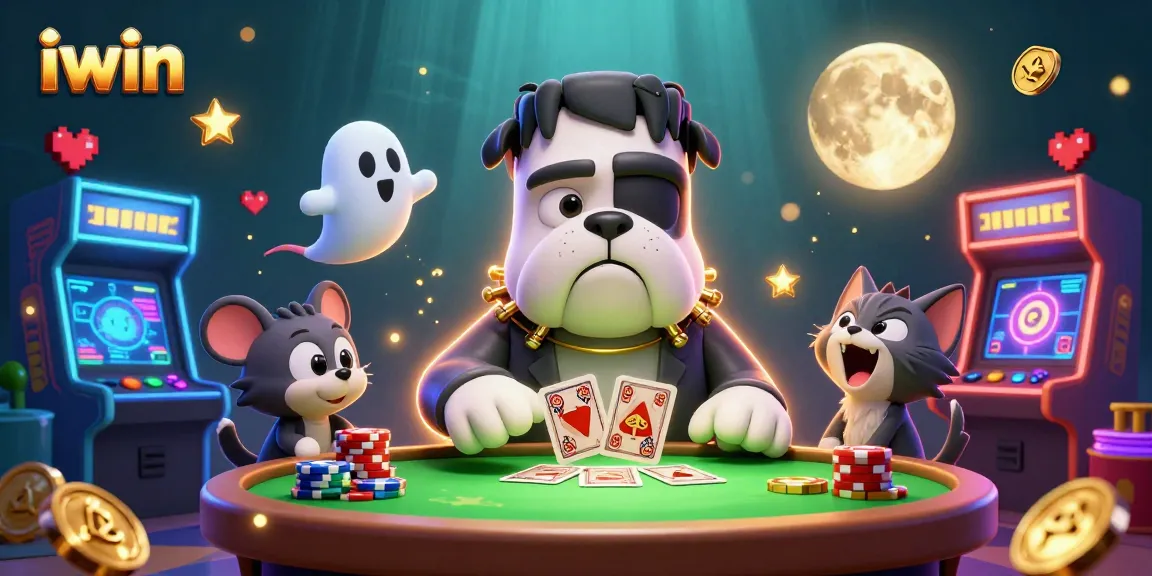 Join the iwin club with the Frankenstein bulldog monster as he deals cards in a lively casino.