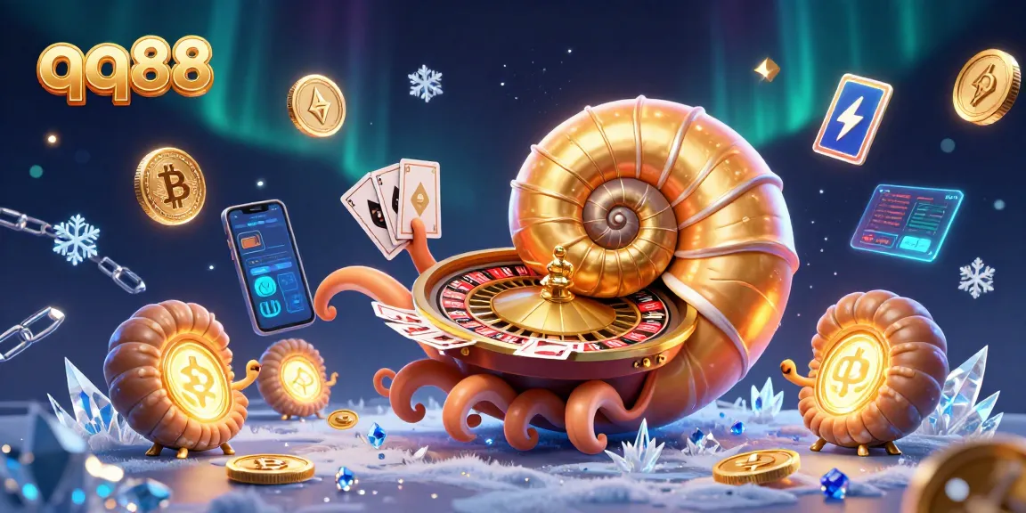Engage with QQ88, the online casino featuring a giant nautilus roulette holding cards amid glowing crypto coins.