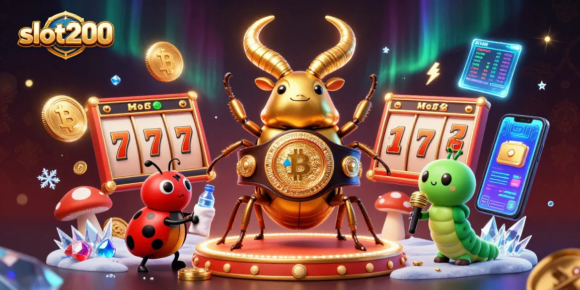 Engage with slot200’s vibrant gaming world featuring a golden stag beetle boxing champion amidst dynamic casino elements.