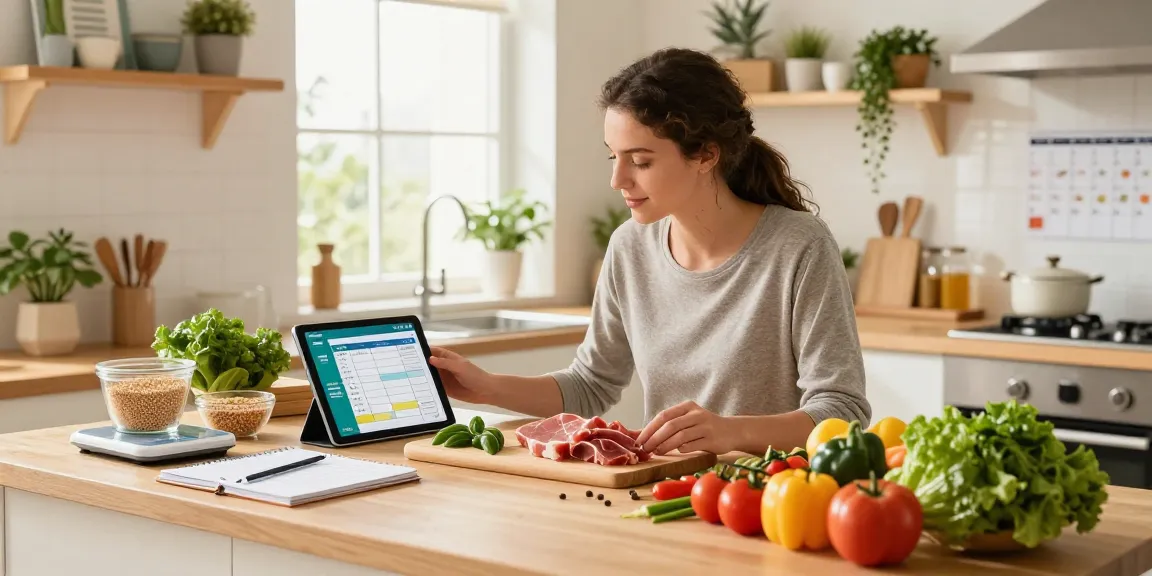 Using the best macro tracking app in a modern kitchen while preparing healthy meals with fresh ingredients and meal planning tools.