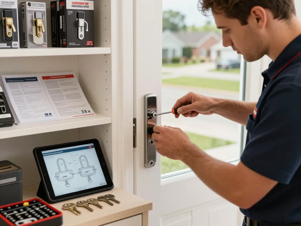 Vero Beach locksmith services featuring a professional locksmith installing a secure door lock in a residential setting.