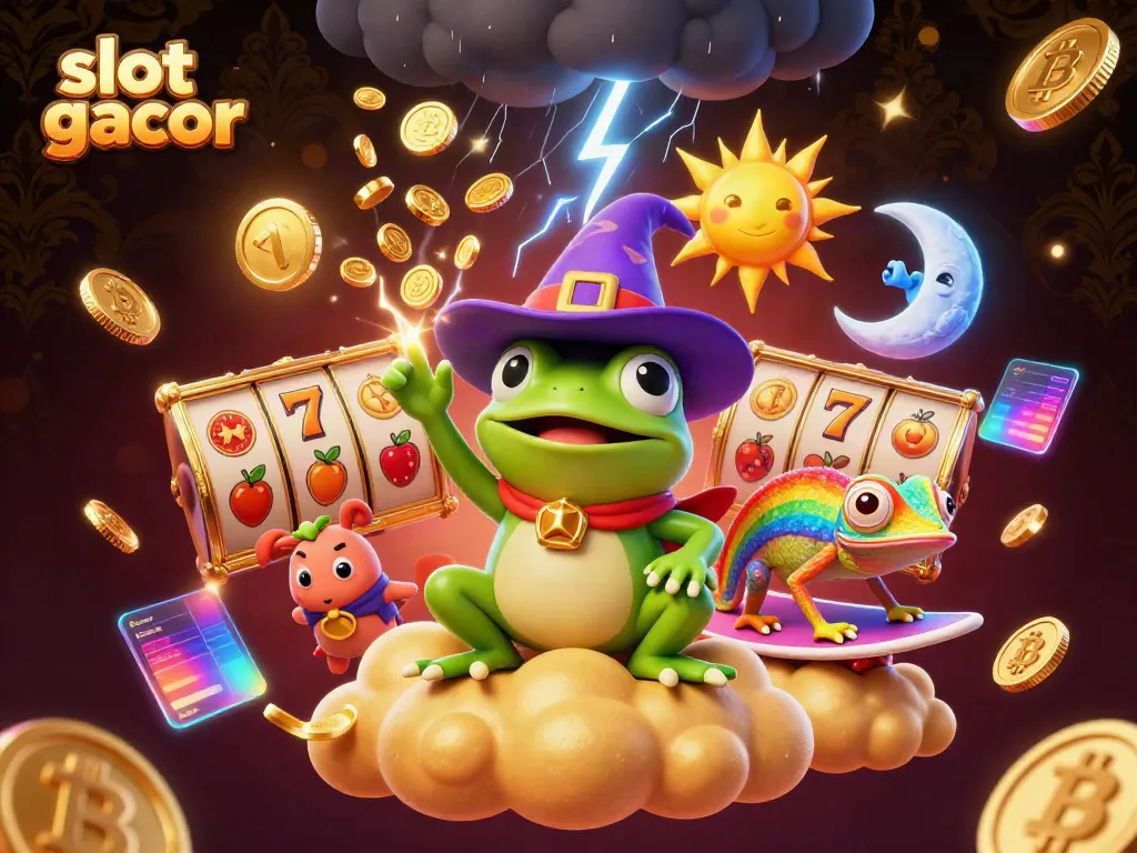 Join the action with slot gacor magic as a frog conjures coins and a chameleon rides a cloud.