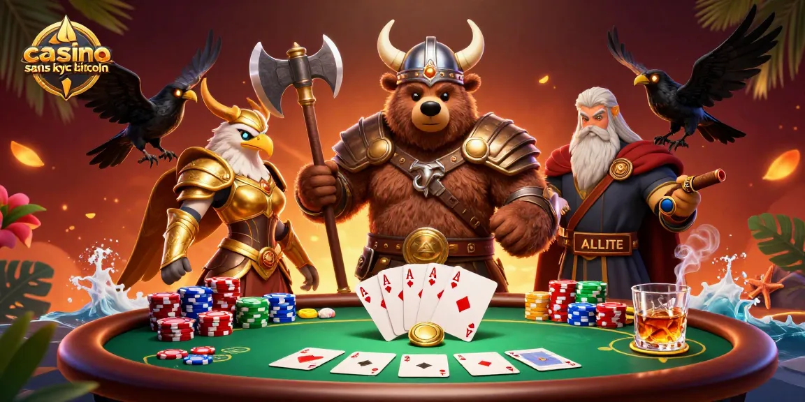 Jouez au casino sans KYC Bitcoin avec un ours viking, une aigle valkyrie et des jetons de poker animés.