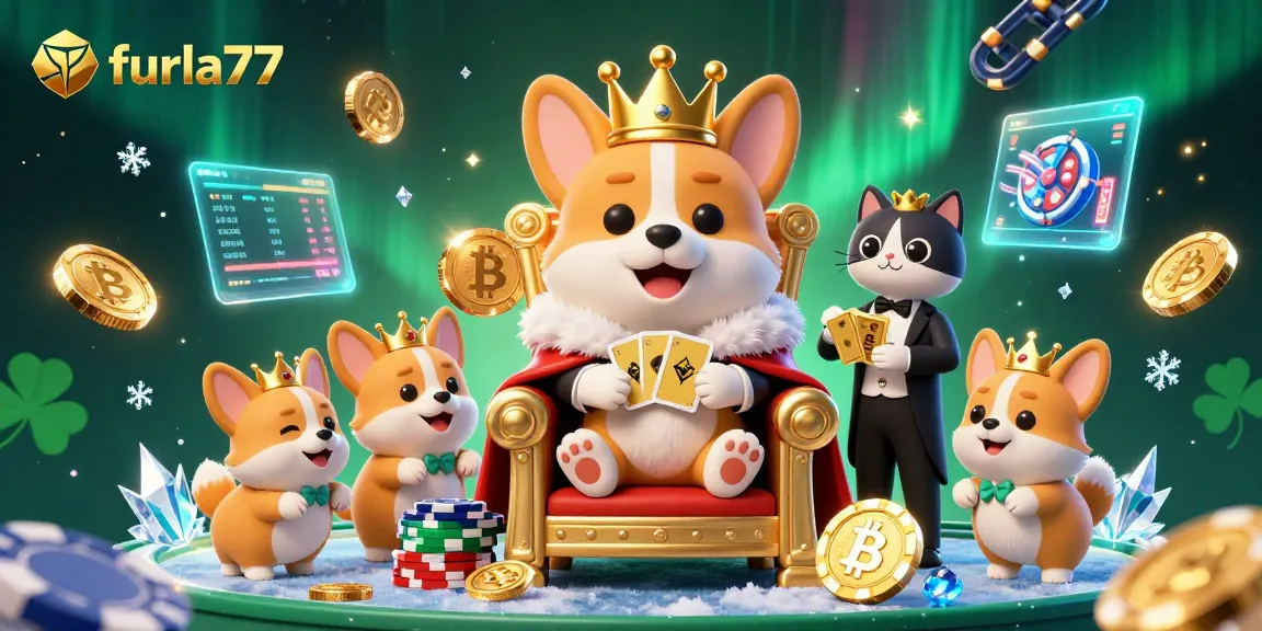 Experience exciting wins with furla77, a vibrant casino scene featuring a royal corgi on a poker chip throne.