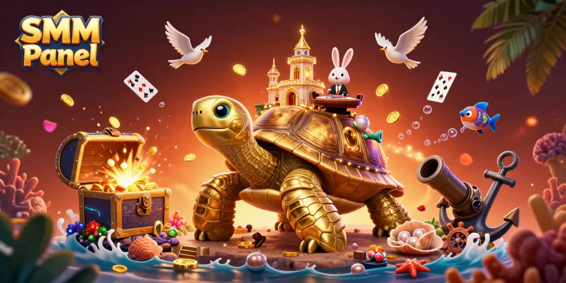 Engage with the SMM Panel through an energetic scene featuring a golden tortoise casino and a rabbit dealer.