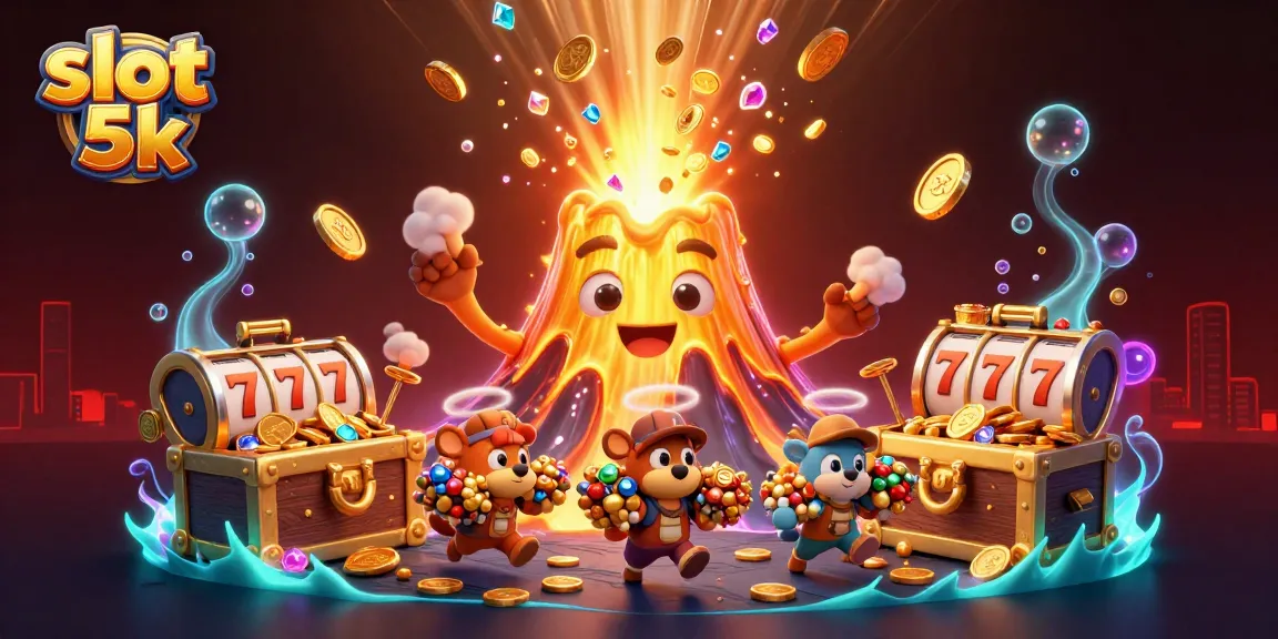 Experience thrilling wins with slot 5k as the golden volcano erupts with treasure in an engaging casino scene.
